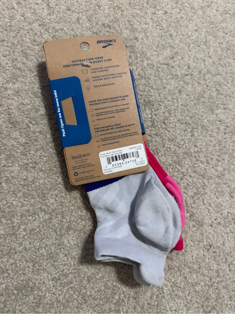 Brooks Ghost Lite No Show 2-Pack Pink/Salt/ Light Grey Running Socks NWT-Large